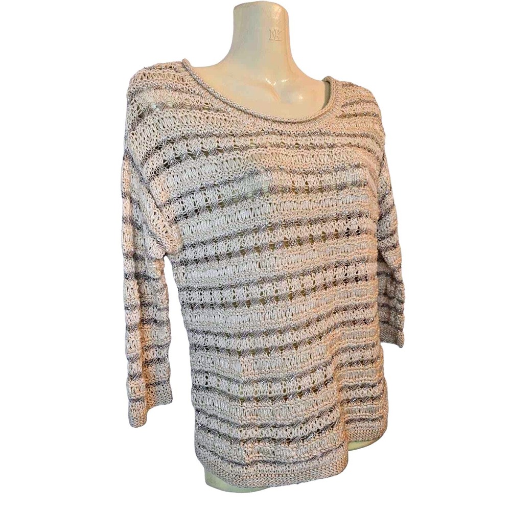 Lucky Brand Sweater Women XS Cream Silver Metallic Open Knit New 7W50994 - Picture 12 of 13